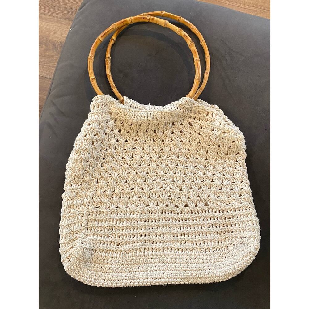 Boho Crochet Tote Bag Cream Woven Handbag‎ with Bamboo Circle Handles
